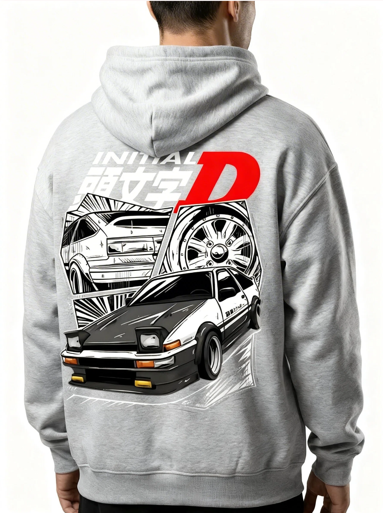 Gray hoodie with a car graphic and 'Initial D' logo on the back