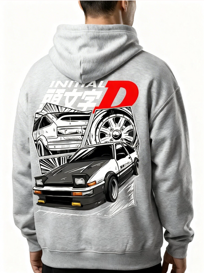 Gray hoodie with a car graphic and 'Initial D' logo on the back