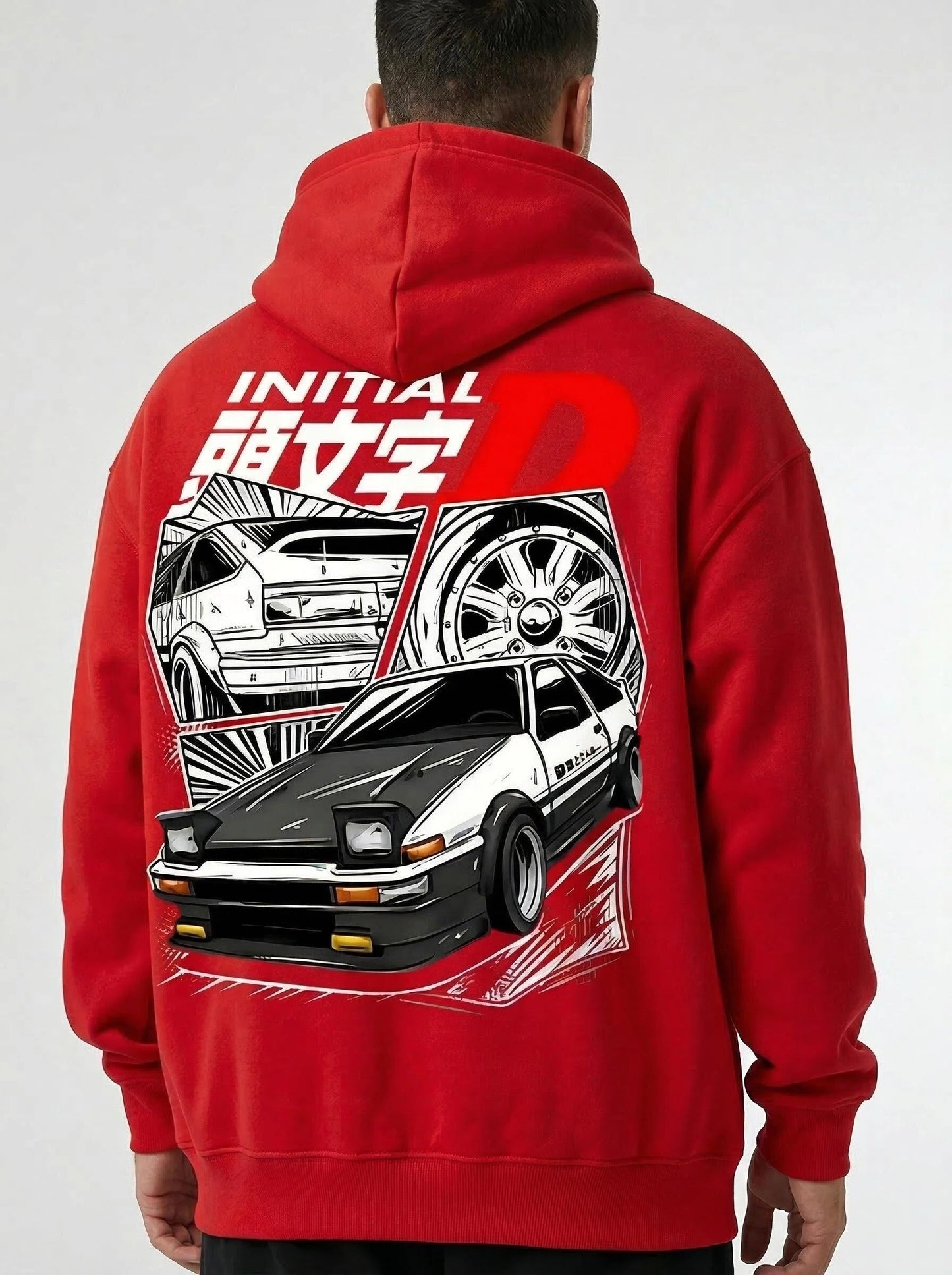 Red hoodie with 'Initial D' car design on the back, worn by a person.